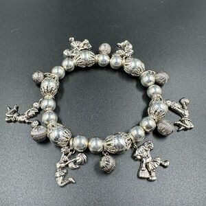 Best Signed Vintage Silver Cheer Leader Ornate Beaded stretch Charm Bracelet